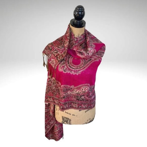 Paisley Pashmina Scarf Shawl Wrap Magenta Pink Double Layer Fringed Large 75” - Picture 4 of 10